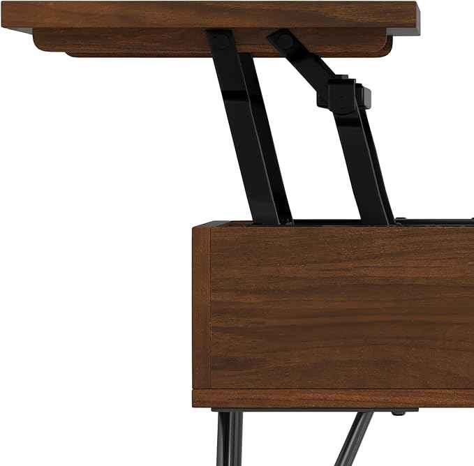 SIMPLIHOME Hunter Lift Top Coffee Table - 48 inch Wide Walnut Veneer and Metal Industrial Cocktail Table, Functional Living Room Table with 2 Storage Cubbies and Hairpin Legs