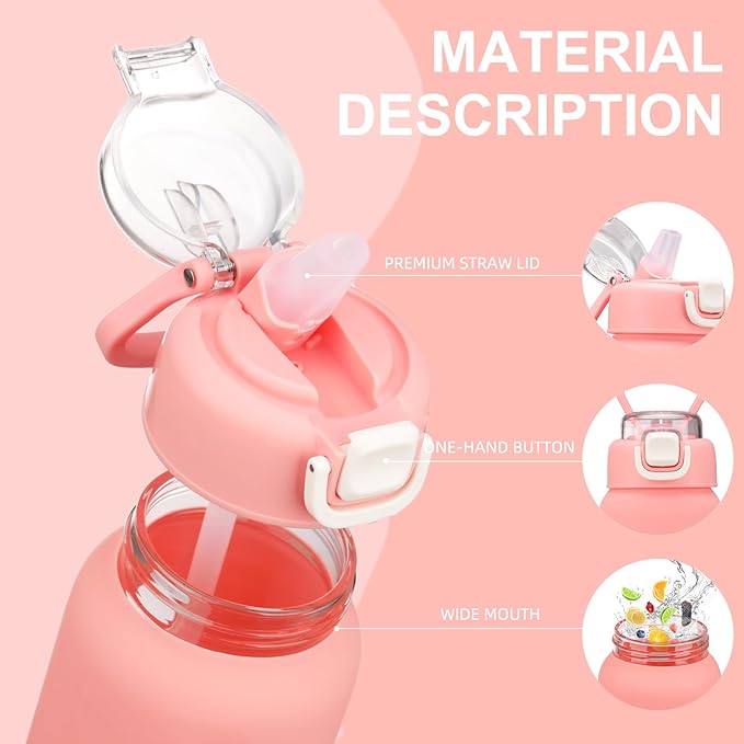 chunmo 32 oz Glass Water Bottles with 2 Lids-Handle Spout Lid & Straw Lid, 1 Liter Motivational Borosilicate Water Bottle with Time Marker and Silicone Sleeve,Leakproof-Pink-1 Pack