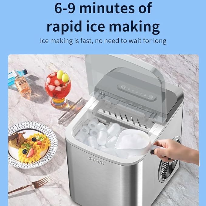 Ice Maker Machine for Home,Portable Small Clear Ice Cube Maker with LED Touch Display Panel,2 Bullet Ice Sizes,Ice Ready in 6 Mins,12kg/26lb in 24h,for Kitchen/Party/bar