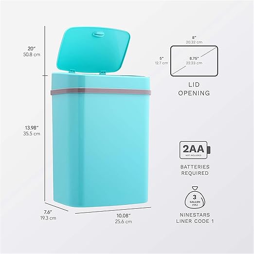 Touchless Motion Sensor Trash Can with Sealing Lid Automatic Soft Close Silent Bathroom Kitchen Office Waste Bin Narrow Rectangular ABS Hands Free Smart Home Garbage Container (Turquoise)