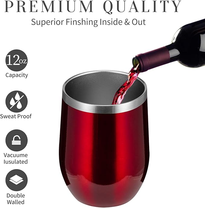 MEWAY 12oz Wine Tumbler 16 Pack Bulk Gifts for Women,Double Wall Vacuum Stainless Steel Travel Mug with Lid,Insulated Stemless Wine Cup Glass for Coffee,Cocktails,Drinks(Burgundy,Set of 16)