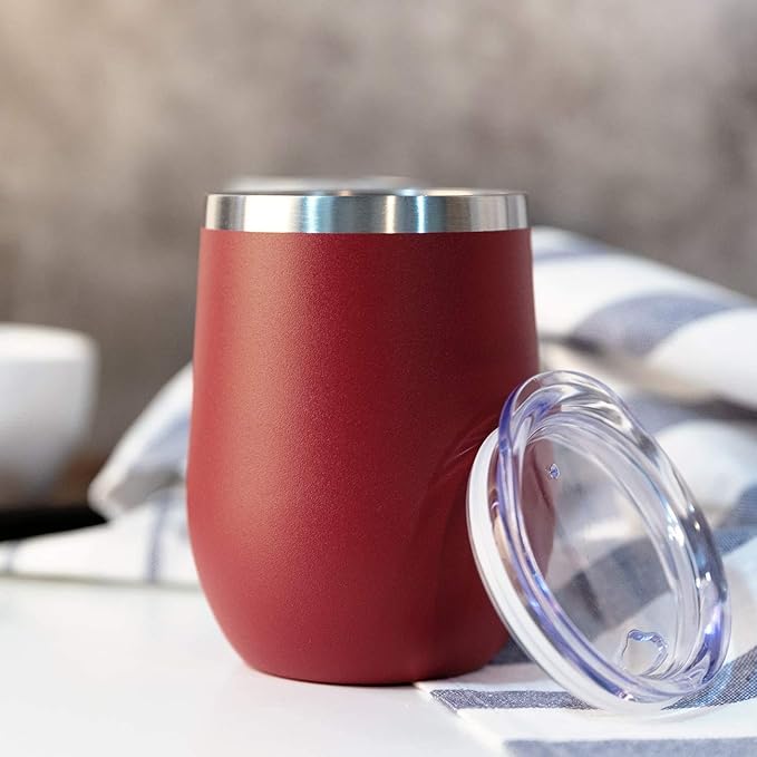 MEWAY 12oz/8 Pack Wine Tumbler Glasses with Lid - Stemless Double Wall Vacuum Stainless Steel Travel Tumbler - Keeping Cold & Hot for Wine,Coffee,Cocktails,Drinks-Family and Gifts (Red,Set of 8)