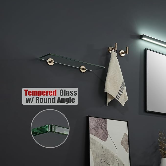 JQK Bathroom Glass Shelf, Floating Tempered Glass Shower Storage 16 by 5 inches, 304 Stainless Steel Champagne Bronze Wall Mount, TGS101L16-CB