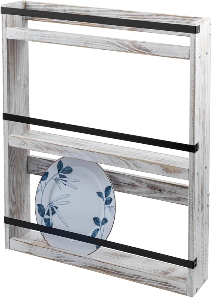 MyGift Wall Plate Display Rack, 3 Tier Farmhouse Whitewashed Wood Wall Mounted Plate Storage Rack, Holds 6-10inch Plates