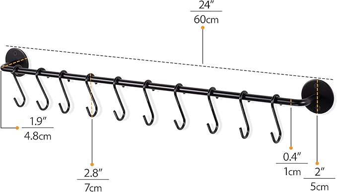 Wallniture 24" Gourmet Kitchen Rail for with 10 S Hooks for Hanging Utensils, Pot Pan Lid Rack Storage Organizer Set, Steel, Black