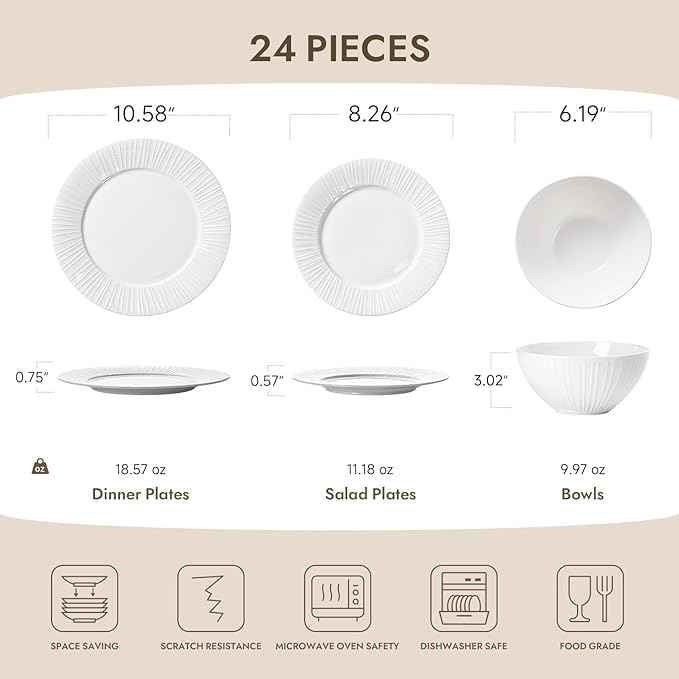 KINGSTONE Bone China Dinnerware Set, 24-Piece White Lightweight Porcelain with Textured Design Service for 8, Plates, Bowls, for Family Dining, Restaurants, Gifting，Microwave and Dishwasher Safe