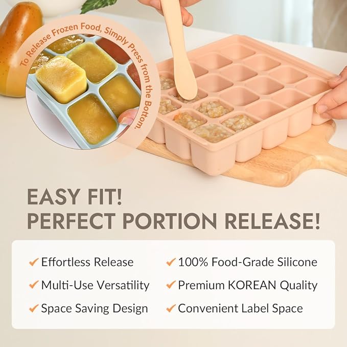 Baby Food Storage Silicone Cubes with Clip-On Lid Freezer Tray Baby Food Soups Purees Ice Safe Design Made in Korea (12cubes 1.5oz, Sand Beige Set OF2)