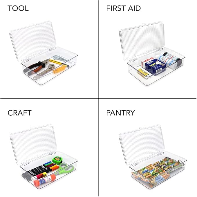 Isaac Jacobs Small Stackable Organizer Bin (10.75” x 6.5” x 2.4”) w Hinged Lid Clear Storage Box Home Office School Fridge Bathroom Kitchen Pantry Container BPAFree Food Safe (Small Clear) (Pack of 2)