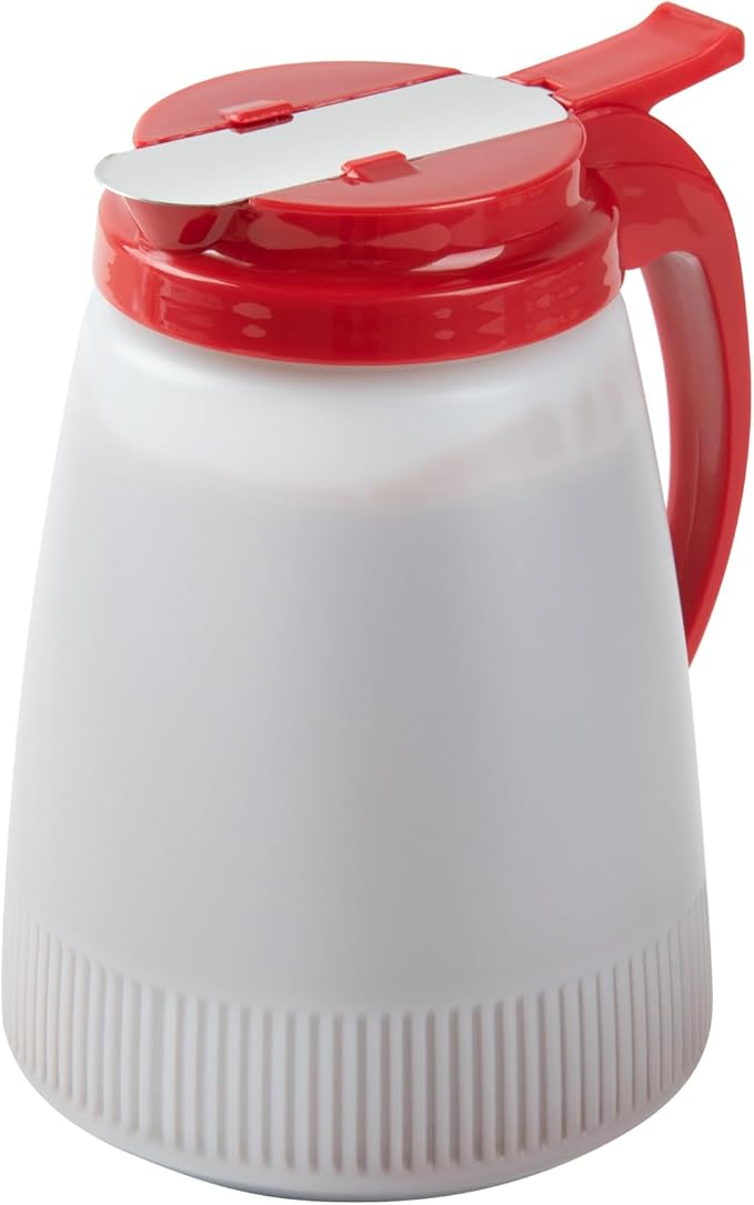 Restaurantware-Chef 101 48 Ounce All Purpose Syrup Dispenser, 1 Honey Dispenser - Red Top, Stainless Steel Slide Cover, Plastic Pancake Syrup Bottle, Perfect For Diners, Restaurants, Home