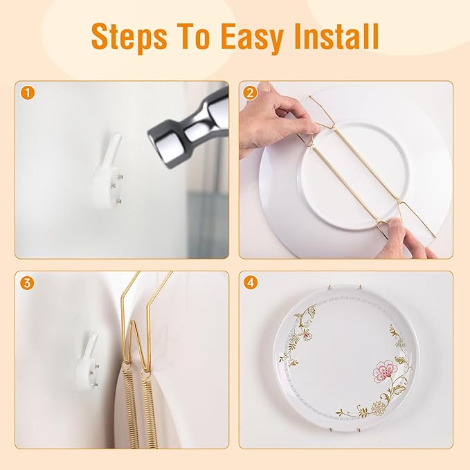 Plate Hangers for The Wall, Suitable for 4-5 inch Decorative Plate, Stainless Steel Wire Plate Holder with Wall Hooks and Rubber tip Protectors, Plate Hangers for Displaying Plates, Platter, Gold