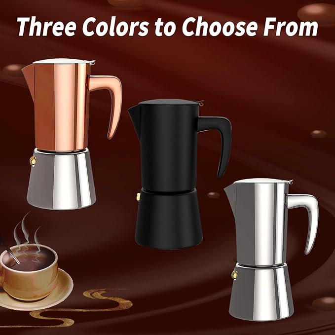Moka Pot Espresso, Stainless Steel Italian Coffee Maker Stovetop Espresso Maker for Camping or Home Use, Induction Moka Pot 6 Cups (10oz/300ml), Black