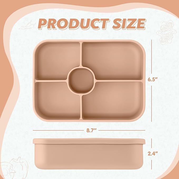 Jingmore 4 Pack Silicone Bento Boxes for Adults, 5 Compartment Reusable Lunch Containers with Sauce Section, Leakproof Meal Prep Snack Box Microwave & Dishwasher Safe for Office(Khaki)