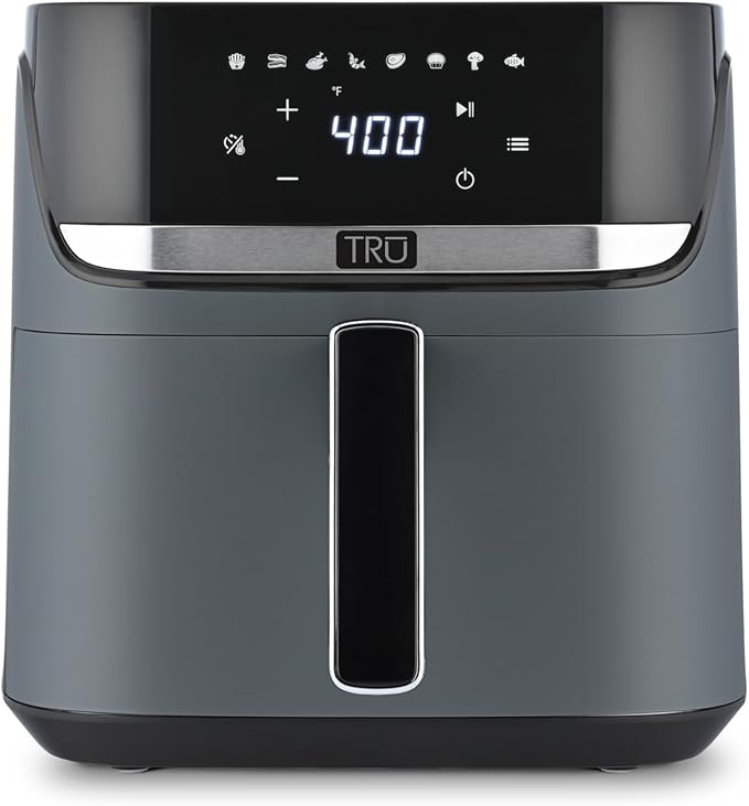 TRU 8-Quart Digital Air Fryer by Select Brands - Family Size, One-Touch Control, 8 Presets - Air Fry Chicken, Meat, Veggies, Fries - Nonstick Pot and Crisping Tray, Auto Shut Off, Matte Gray