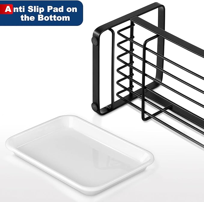 HULISEN Kitchen Sink Sponge Holder, 304 Stainless Steel Kitchen Soap Dispenser Caddy Organizer, Countertop Soap Dish Rack Drainer with Removable Drain Tray, not Including Dispenser and Brush, Black