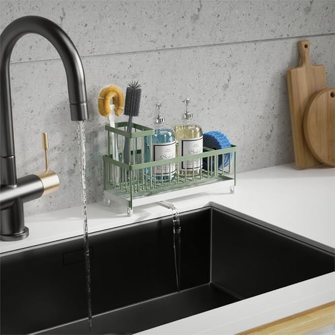 Moforoco Extra Large Sponge Holder for Kitchen Sink Organizer Caddy, Dish Brush Scrubber Holder,Stainless Steel Sink Box Utensil Holder,Soap Dispenser Set Tray Counter Accessories（Sage Green ）