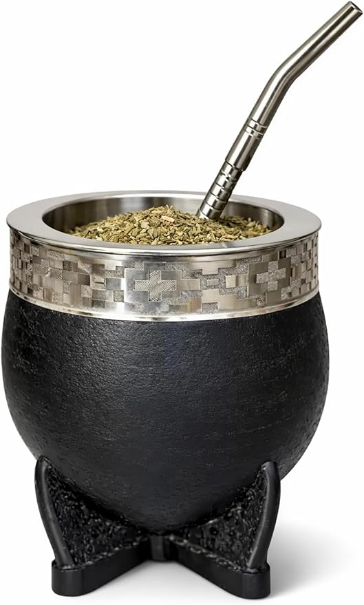 Yerba Mate Cup Set with Straw (Bombilla), Imperial Argentina-Style Mate Cup with Stainless Steel Interior, Alpaca Silver Band and Steel Rim, Handmade with Traditional Argentino Craft