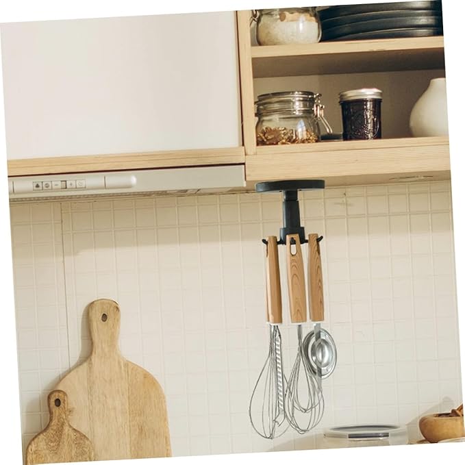 3pcs Kitchen Utensil Hooks Set with Rotating Under Cabinet Hanging Rack, Black Plastic Multi-Functional Wall Hook for Kitchen Storage and Organization