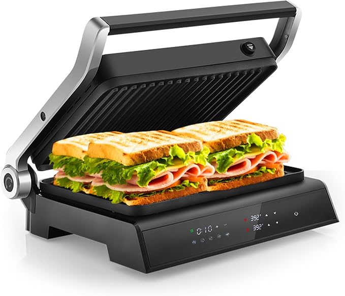 KOTEK Panini Press Sandwich Maker, 1200W 4 Slice Sandwich Toaster, Removable Drip Tray & Non-Stick Coated Plates, Open 180°, 3-In-1 Electric Indoor Grill w/5 Auto Modes, Temperature Control & Timer