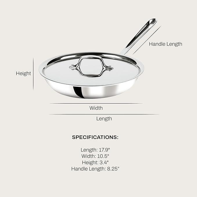 All-Clad D3 3-Ply Stainless Steel Fry Pan with Lid 10 Inch, Induction Compatible, Oven Broiler Safe 600F, Fast and Even Heat, Pots and Pans, Cooking Skillet Cookware, Stainless Steel