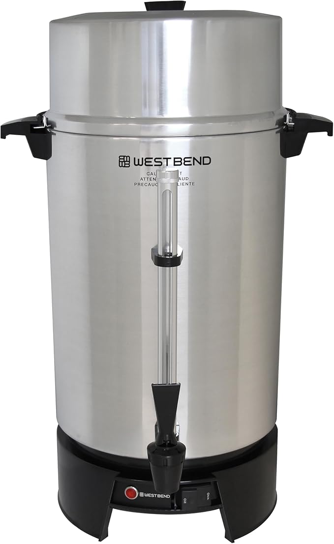 West Bend 33600 Coffee Urn Commercial Highly-Polished Aluminum NSF Approved Features Automatic Temperature Control Large Capacity with Fast Brewing and Easy Clean Up, 100-Cup, Silver