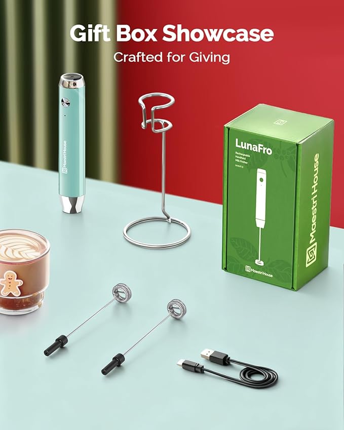 Maestri House Rechargeable Milk Frother with Stand, Handheld Electric Foam Maker Waterproof Detachable Stainless Steel Whisk Drink Mixer Foamer for Lattes, Cappuccino (Soft Aqua(Gift Box))