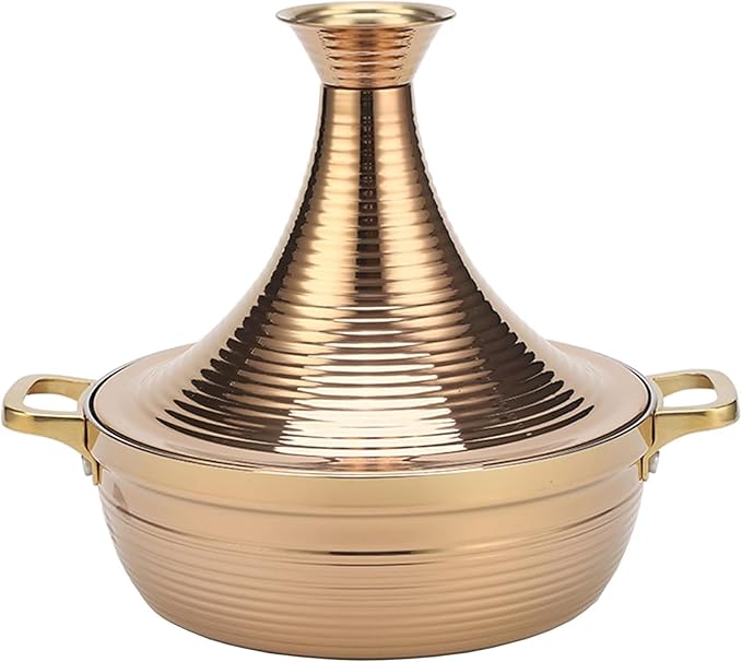 Moroccan Tagine Cooking Pot,Stainless Steel Non Stick Moroccan Casserole with 2 Handles,Large Moroccan Cooker Handmade Tagine Pot with Cone-Shaped Lid(22cm, Rose Gold)
