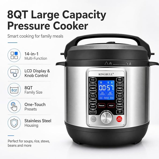 KINGBULL 14-in-1 Electric Pressure Cooker 8 Quart, Stainless Steel Multi Cooker with LCD Display and Knob Control, Slow Cooker, Rice Cooker, Steamer, Sauté, Yogurt Maker, Warmer, DIY Mode