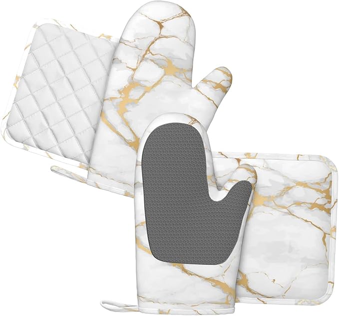 Oven Mitts and Pot Holders Marble White Gold Silicone Kitchen Accessories Set of 4 Heat Resistant Long Gloves Potholder Non-Slip Grip for Chef Cooking,Baking,Grilling,BBQ