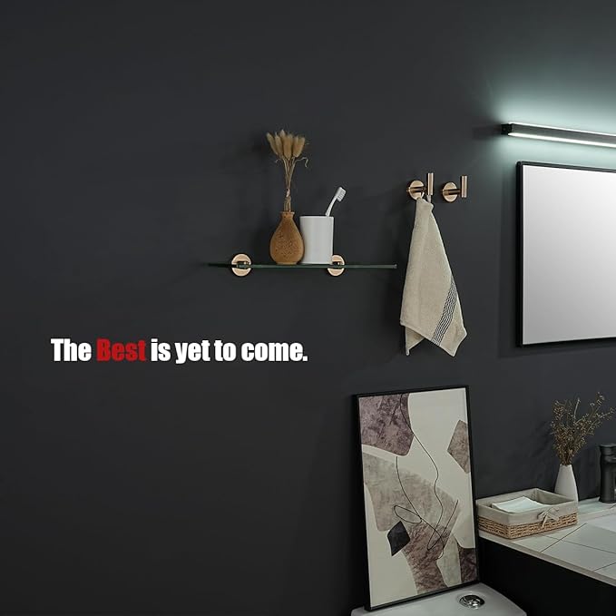 JQK Bathroom Glass Shelf, Tempered Glass Shower Storage 16 by 5 inches, 304 Stainless Steel Champagne Bronze Wall Mount 2 Pack, TGS101L16-CB-P2