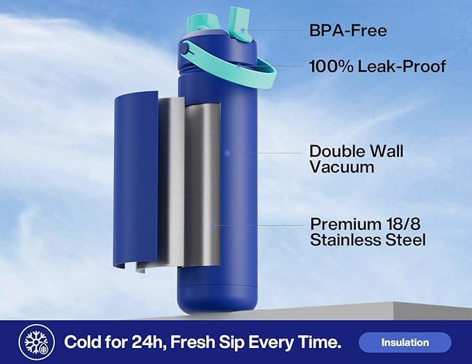POWCAN 26 oz Insulated Water Bottle with 2-in-1 Straw and Spout Lid, Keep Cold 24H, Leak-Proof, Fits in Car Cup Holder, Stainless Steel Water Bottle for Gift, Gym, Travel and Home (Indigo Porcelain)