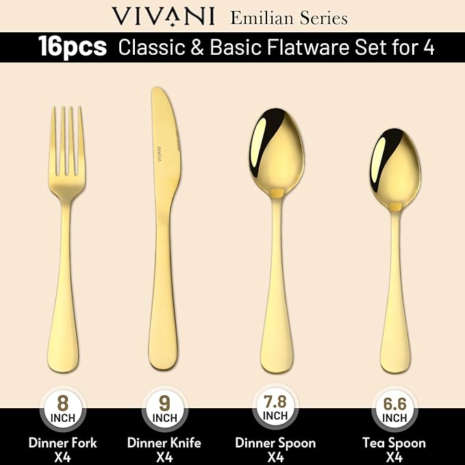 VIVANI Gold Silverware Set for 4, 16-Piece Stainless Steel Flatware Sets, Gold Utensils Set, Cutlery Set, Knife Spoons and Forks Set for Home, Restaurant, Dorm, Dishwasher Safe