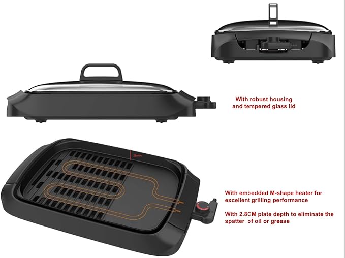 ADDIS Smokeless Indoor Electric Grill with Tempered Glass Lid and Drip Pan 1500W M-Shaped Heating Element and Non-Stick Coating, Stainless Steel