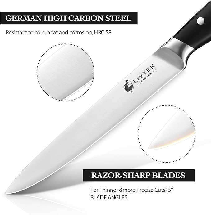 Livtek Carving Knife Set - Razor-Sharp German Stainless Steel - Ergonomic Handle & Full Tang Design - for Slicing Roast, Turkey, Ham, BBQ - 8 Inch Knife & 7 Inch Fork - Thanksgiving Gift
