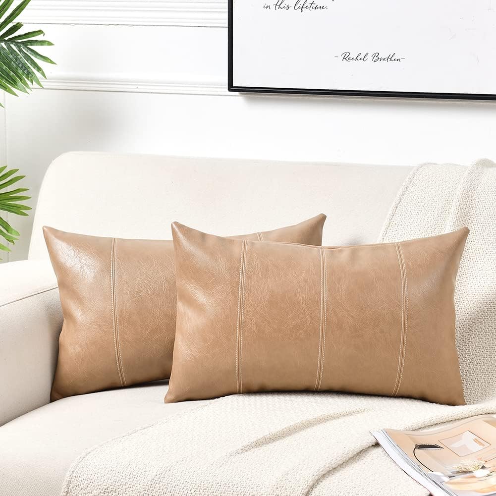 Fancy Homi Tan Long Lumbar Waterproof Faux Leather Decorative Throw Pillow Covers 14x24 Inch for Living Room Couch Bed, Beige Hand Stitched Cushion Case 35x60 cm, Taupe Modern Farmhouse Home Decor
