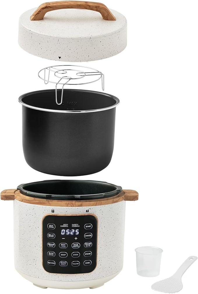6 Quart Electric Pressure Cooker with Touch Control Display, Multi-Function Cooker, Digital Timer, Fast Cooking Appliance, Removable Pot (Linen Speckle)