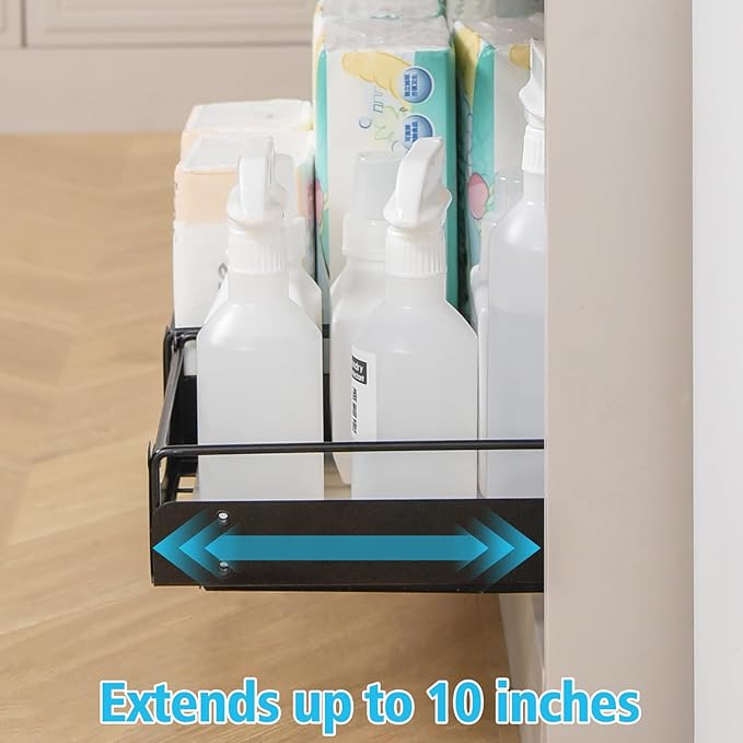 Under Sink Pull Out Organizer, Single-Tier Metal Drawer Slide Out Storage Shelf, No-Drill Nano Adhesive Installation, Fits 16"+ Deep Cabinets for Kitchen Bathroom Pantry Storage