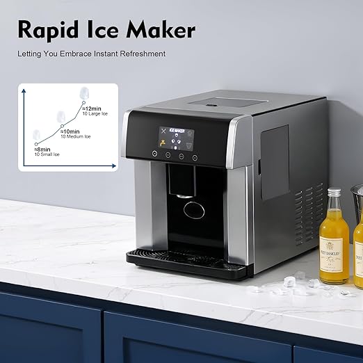 2-in-1 Ice Makers Countertop, Chewable Pellet Ice Machine with Self-Cleanin Function, 33lbs/24H Portable Ice Makers for Home Kitchen Officce, Silver+Black