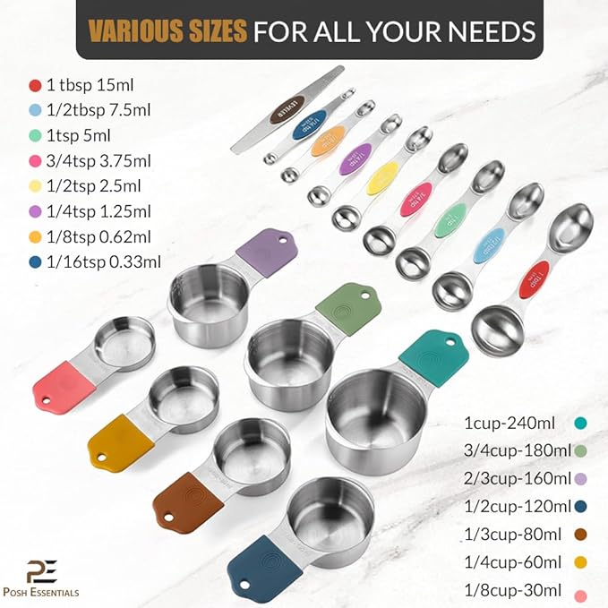 15 PCS Magnetic Measuring Spoons & Cups Set - 18/8 Food Grade Stainless Steel, Double Sided, Dishwasher Safe - Easy Read & Stackable for Effortless Storage