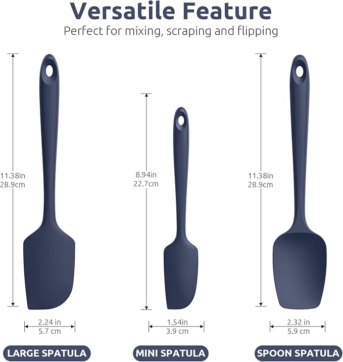 U-Taste 18/8 Stainless Steel Measuring Spoons Set of 7 Pieces, U-Taste 600ºF Heat Resistant Silicone Spatula Set of 3 (Midnight Blue)