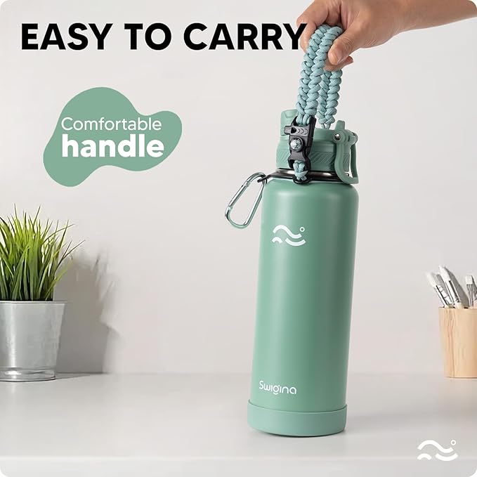 Swigina Insulated Water Bottle with Silicone Boot (36hrs Cold/18hrs Hot) - DIY Stickers, [2-in-1 Lid], BPA Free, 40 oz