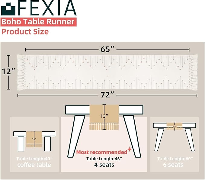 FEXIA Boho Table Runner with Tassels 72 Inches Long for Home Decor Room Decor Farmhouse Rustic Macrame Table Runners for Dining Bedroom Bridal Shower(12x72 Inches)