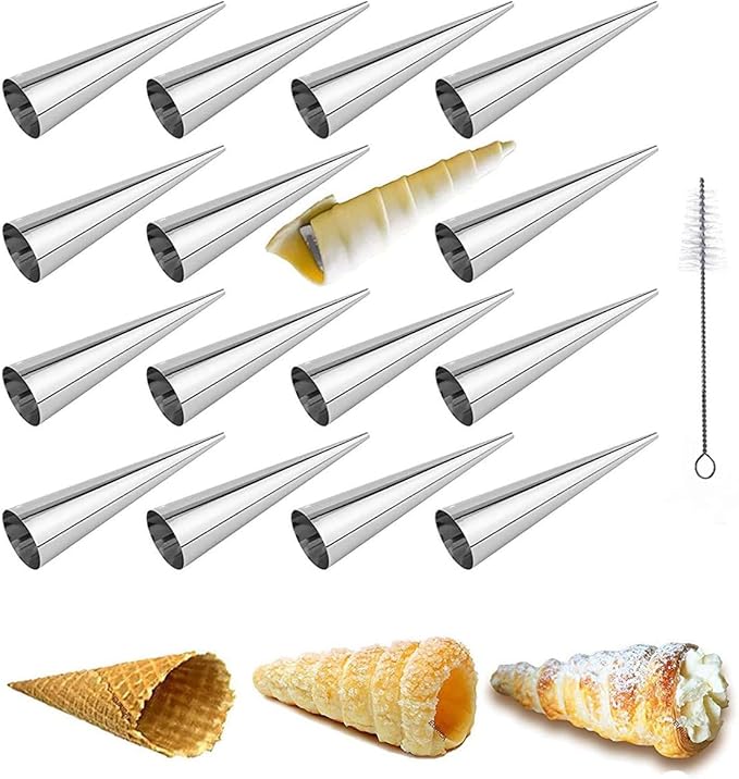 large Cream Horn Molds 5-inch, 16 PCS Cream Horns Pastry Molds with Cleaning Brush Croissant Baking Forms for Baking Croissants Bead, Chocolate Croissant, Brioche Rolls, Party Dessert