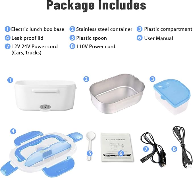 Electric Lunch Box 2 In 1 Food Heater 12V 24V 110V Portable Food Warmer for Car and Home Removable Stainless Steel Heated Bento Box (Blue)