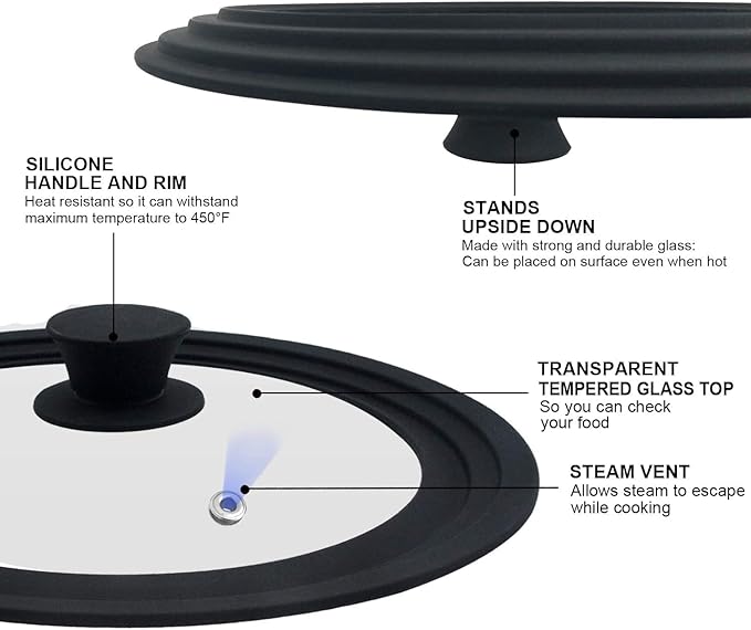 Walfos Universal Lid for 9.5", 10.5" and 11" Diameter Cookware, Fits Pots, Pans and Skillets - Walfos Tempered Glass Pan Lid with Heat Resistant Silicone Rim, BPA Free Pot Lids, Dishwasher-Safe, Black
