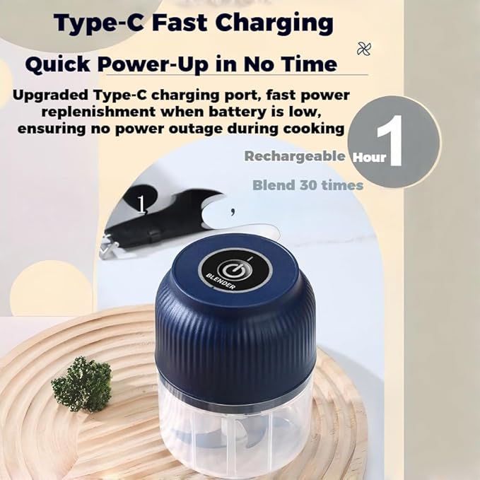 300ML USB Rechargeable Electric Garlic Chopper, Mini Portable Veggie Cutter with Eggbeater&4/6 Knife Heads, Veggie Chopper with Container and Lid, Vegetable Crusher (Blue B)