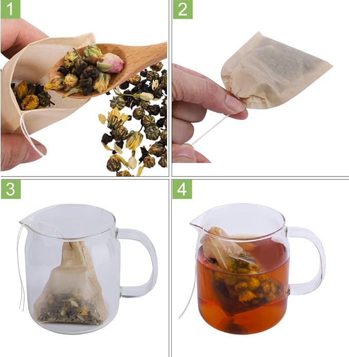Aksuaple Eco-Fil Disposable Tea Filter Bags for Loose Tea, Wood Pulp Material, Biodegradable and Compostable, Unbleached Empty Tea Infuser Sachets with Drawstring, 100 Pack (3.2inch x 4.0inch)