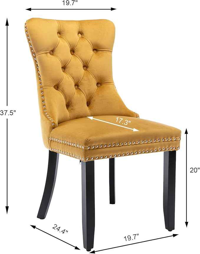 Velvet Dining Chairs Set of 2, Upholstered Dining Room Chairs with Back Ring Pull Trim and Solid Wood Legs,Tufted Wingback Kitchen Chair Perfect for Dining Room,Living Room,Kitchen(Gold)