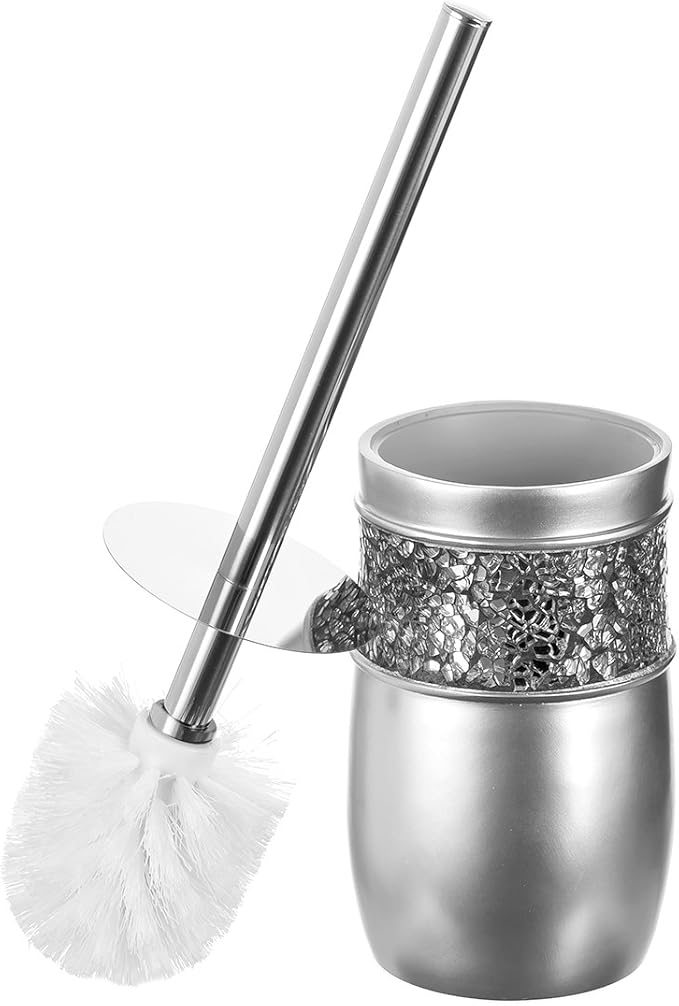Creative Scents Crackled Glass Toilet Brush with Holder - Silver Toilet Bowl Cleaner Brush and Holder - Good Grip, Deep Cleaning, Decorative Design Compact Toilet Bowl Scrubber