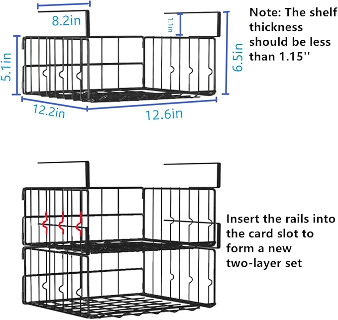 Under Shelf Basket Storage 2Pack - 11.8in Metal Under Cabinet Shelf, Hanging Wire Basket Shelves, Undershelf Storage Basket for Kitchen Pantry Bookshelf
