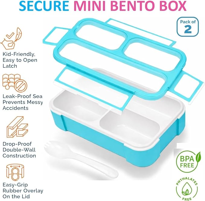 Small Snack Containers for Kids Toddlers - 3 Compartments (Set of 2) - Leak-Proof Reusable Boxes with Lids -BPA-Free Plastic Mini Bento Lunch Box - Ideal for School, Daycare - Holds 2 Cups (Pink+Blue)